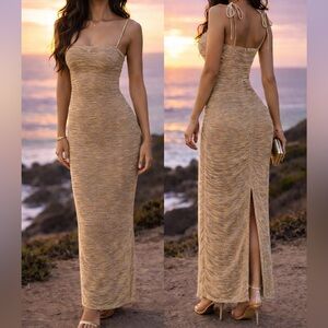 Miss Circle Gold Maxi Dress Ruched Bodycon Size S Formal Prom Wedding Guest